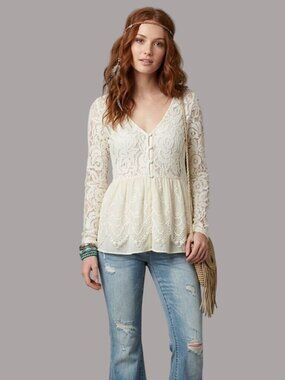 Lace Long Sleeve Cream Peplum Blouse Womens Medium
